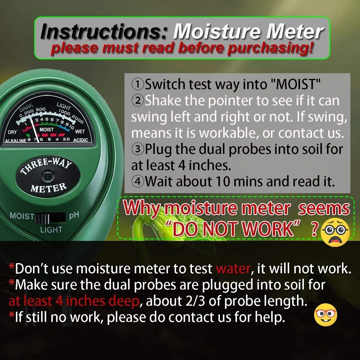 Three-Way Soil Meter For Moisture, Light Intensity and pH Testing Meter