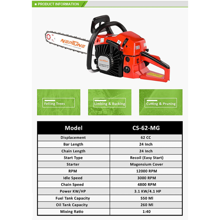 NEPTUNE SIMPLIFY FARMING 62 CC 4 HP Petrol Chainsaw with 24″ Cutter Bar, 2 Stroke Engine (CS-62 Chain Saw)