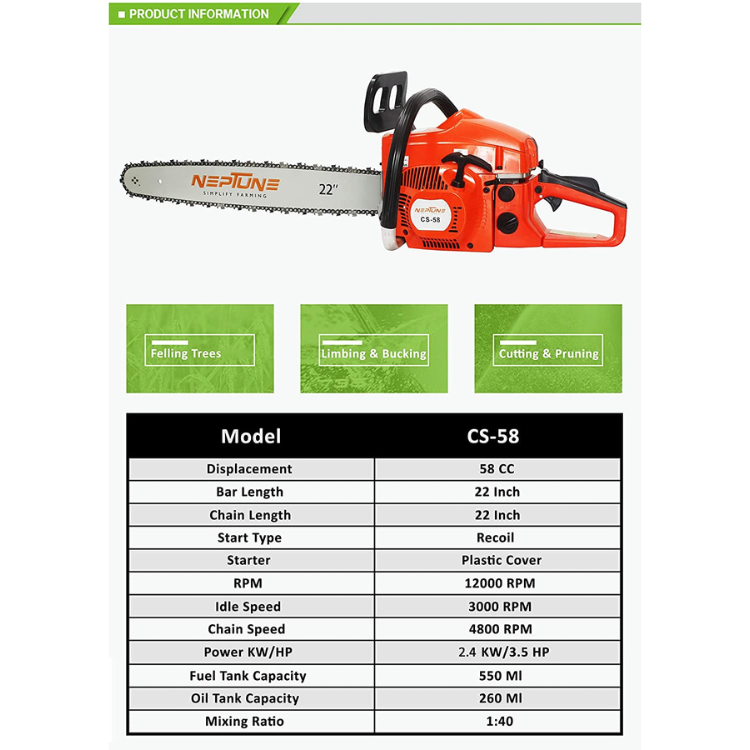 NEPTUNE SIMPLIFY FARMING 58 cc Chain Saw with 22-Inch Cutter Bar