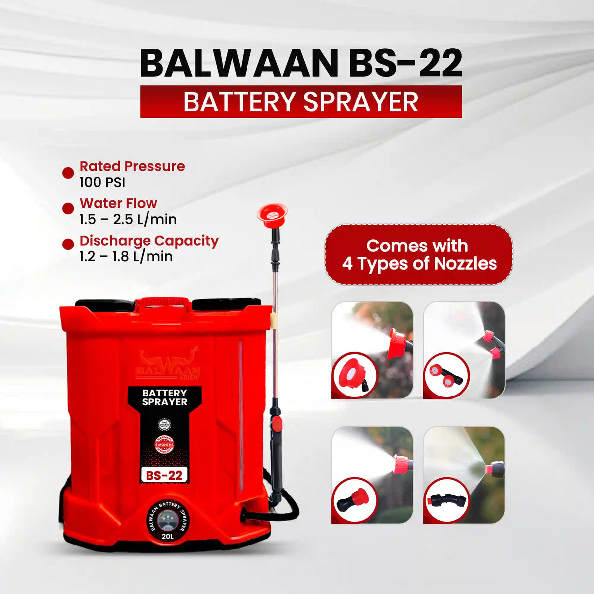 Balwaan BS-22 18 L Single-Motor Battery Sprayer – 12V/12Ah, 4 Nozzles - image 3