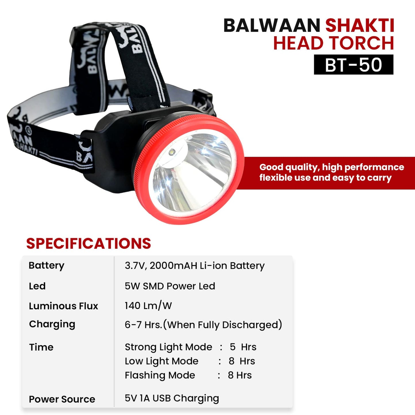 Balwaan Shakti LED Flashlight Head Torch| BT-50