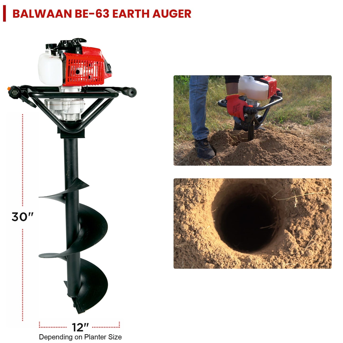Balwaan 63cc Earth Auger with 8 Inch & 12 Inch Planter