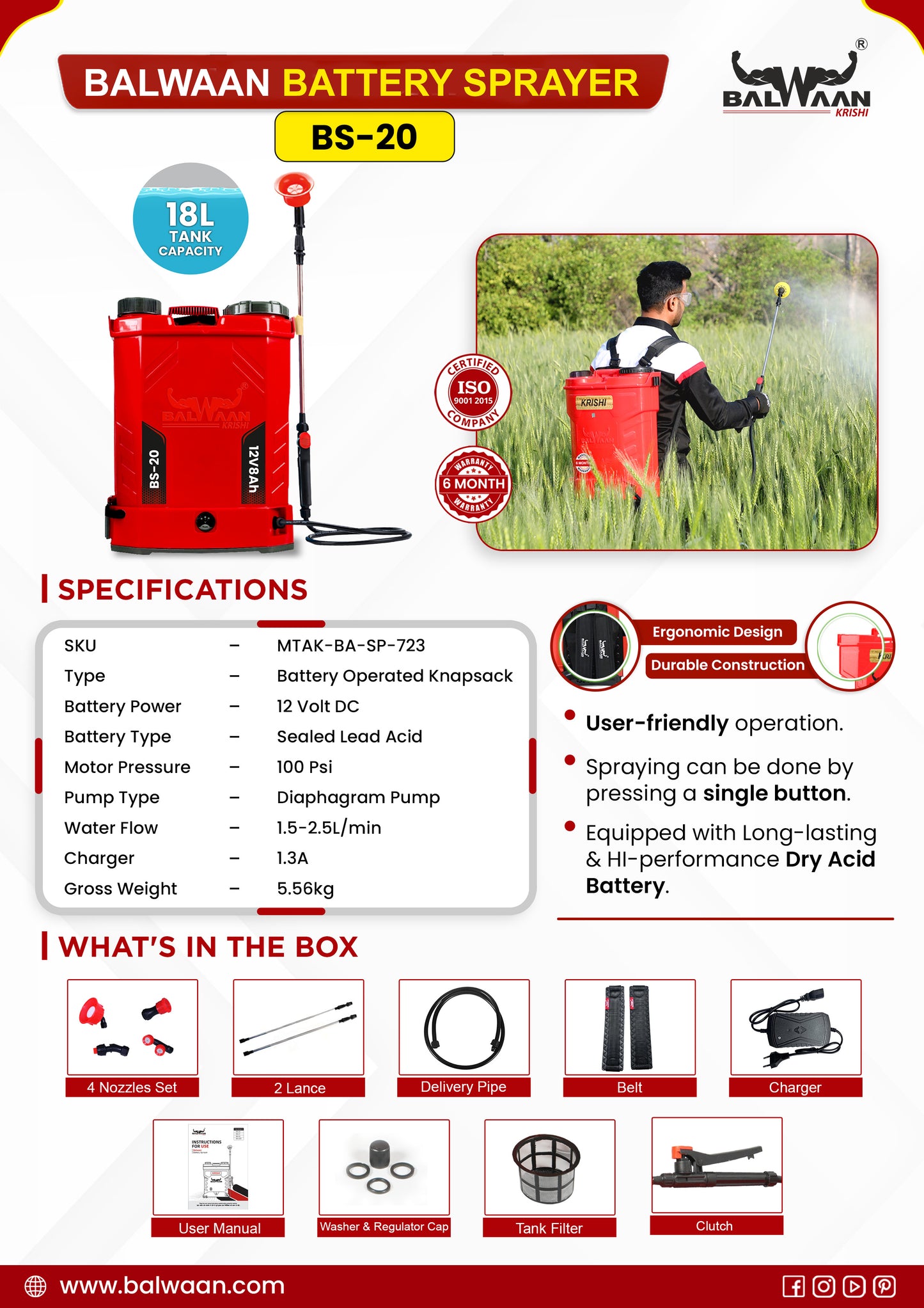 Balwaan BS-20 Single Motor Battery Sprayer| 12x8
