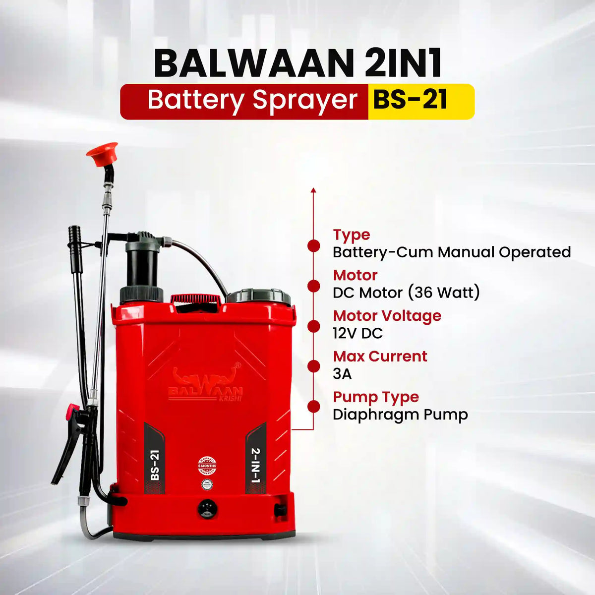 Balwaan BS-21 18 L 2-in-1 Battery & Manual Sprayer – 12V/8Ah, 4 Nozzles - image 3