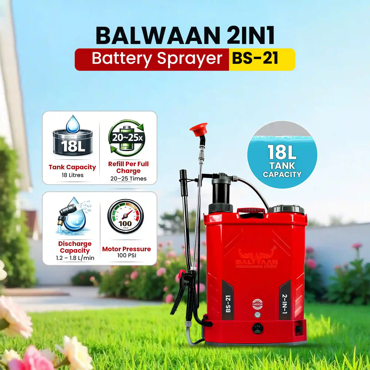 Balwaan BS-21 18 L 2-in-1 Battery & Manual Sprayer – 12V/8Ah, 4 Nozzles - image 5