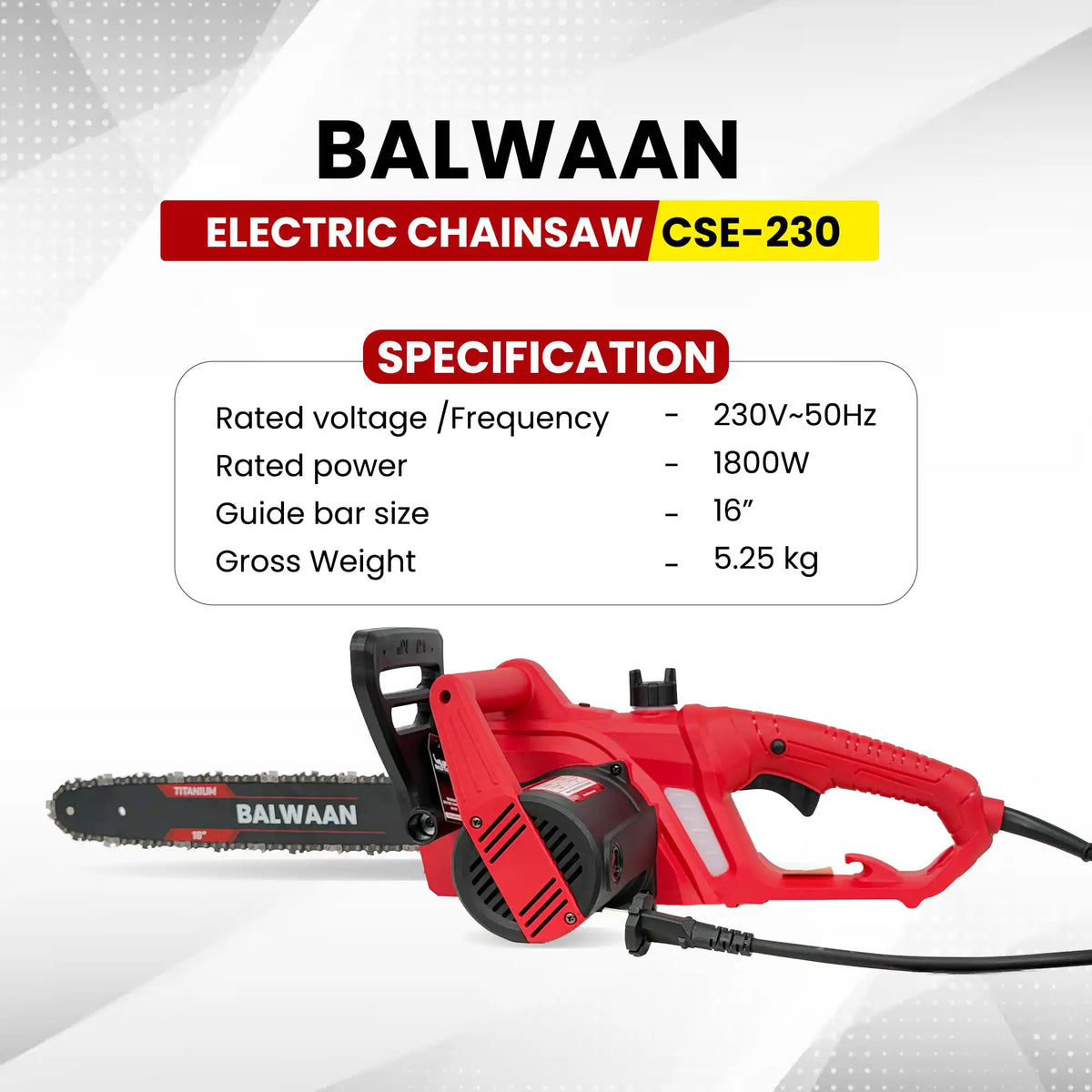 Balwaan Electric Chainsaw 16" CSE-230