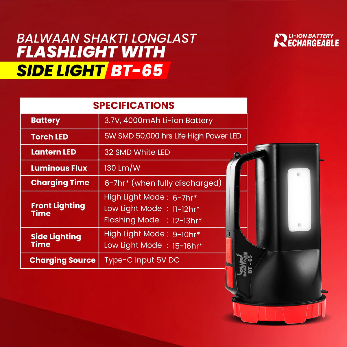 Balwaan Shakti Longlast Flashlight with Side Light BT-65 - image 5
