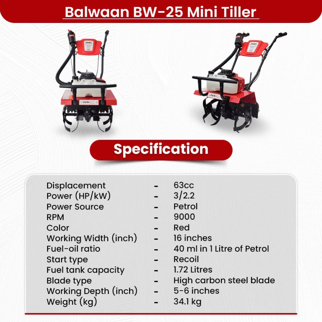 Balwaan BW-25 63cc Mini Power Tiller – 3 HP, 18-Inch Working Width - image 4