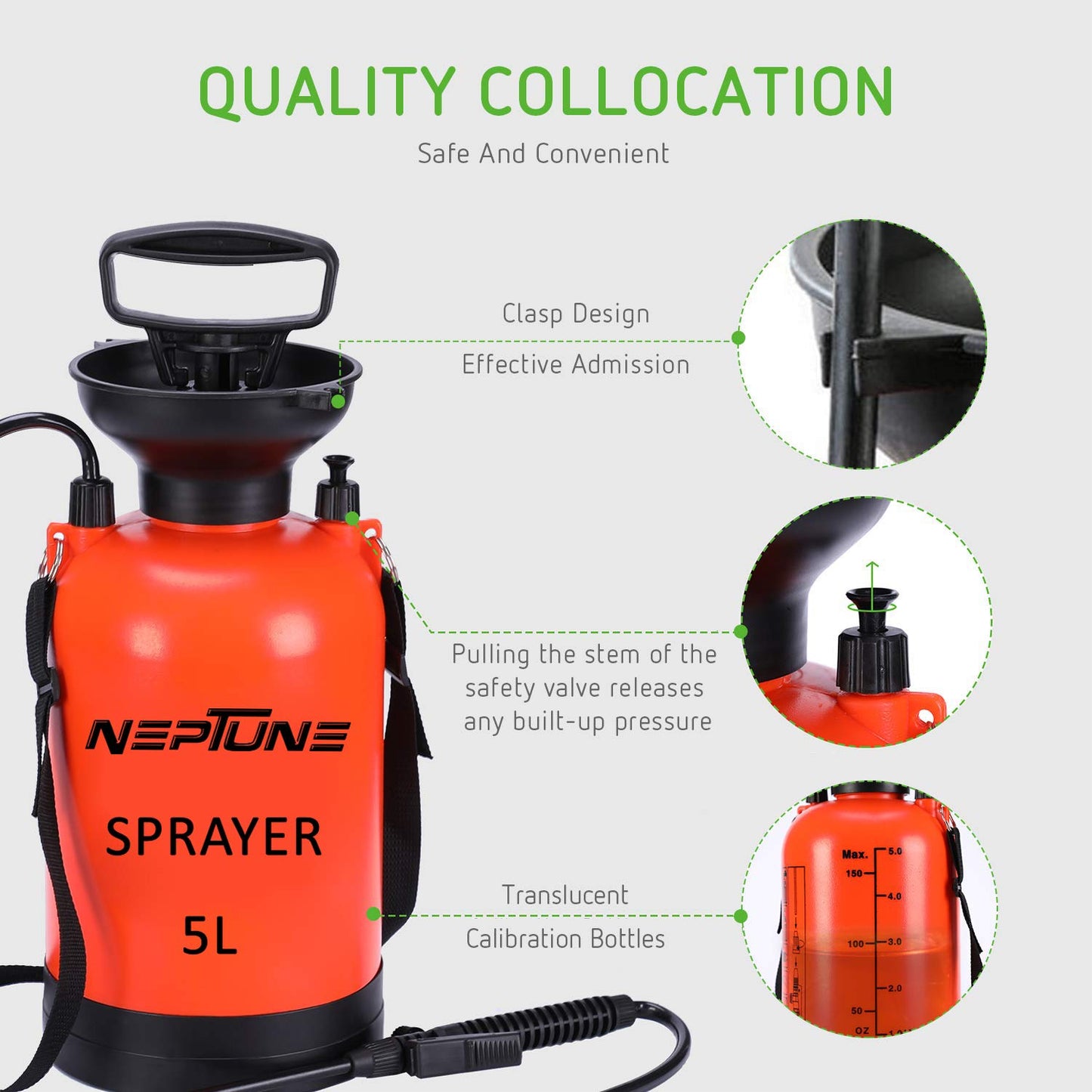 Neptune 5 Liter Hand Operated Lawn and Garden Sprayer Pressure Sprayer with Pressure Relief Valve, Adjustable Shoulder Strap